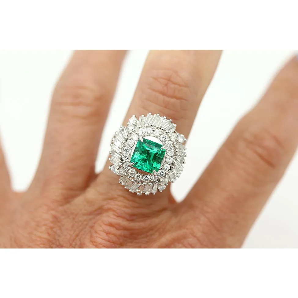 Stunning Colombian 2.00 Carat Vintage Emerald & Diamond Ballerina Cocktail Ring in Platinum GIA