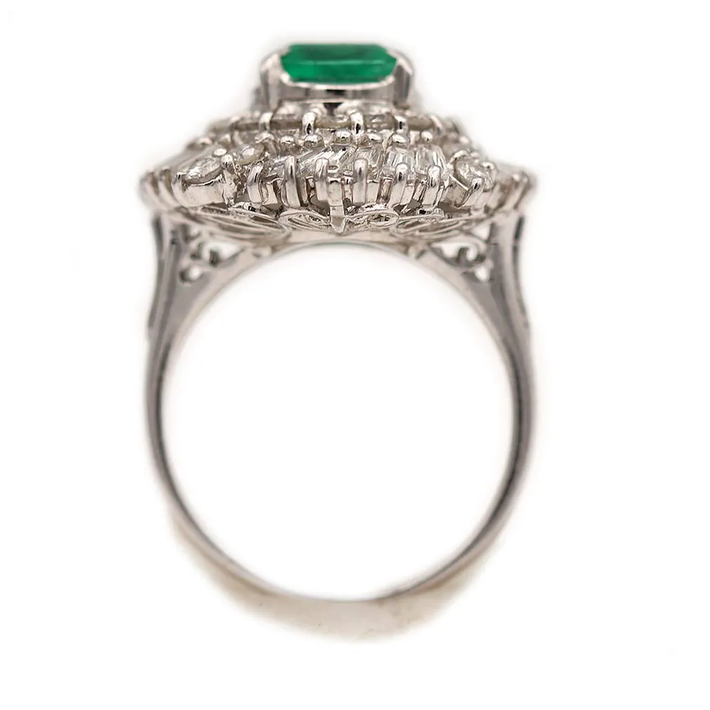Stunning Colombian 2.00 Carat Vintage Emerald & Diamond Ballerina Cocktail Ring in Platinum GIA