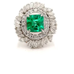 Stunning Colombian 2.00 Carat Vintage Emerald & Diamond Ballerina Cocktail Ring in Platinum GIA