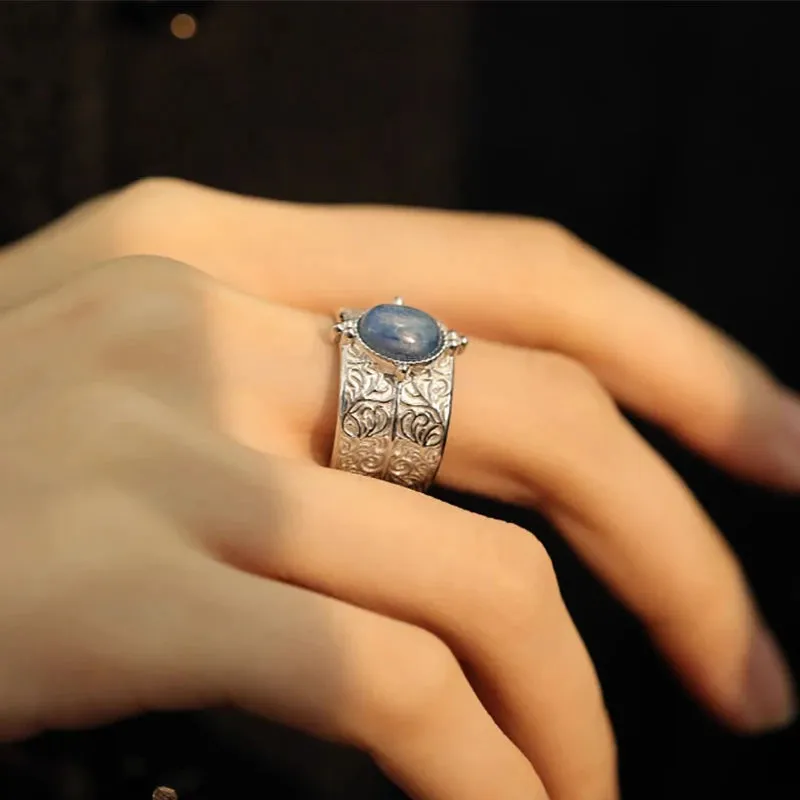 VAIGE Artistic Silver Stone Ring with Vintage Carvings in Irregular Geometric Design