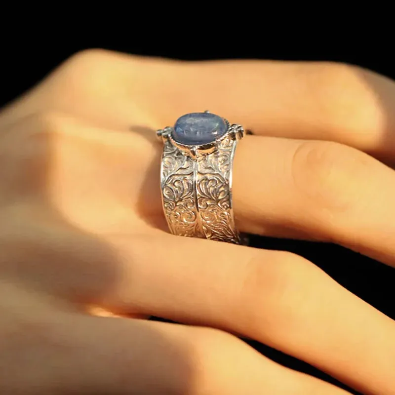 VAIGE Artistic Silver Stone Ring with Vintage Carvings in Irregular Geometric Design