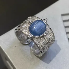 VAIGE Artistic Silver Stone Ring with Vintage Carvings in Irregular Geometric Design