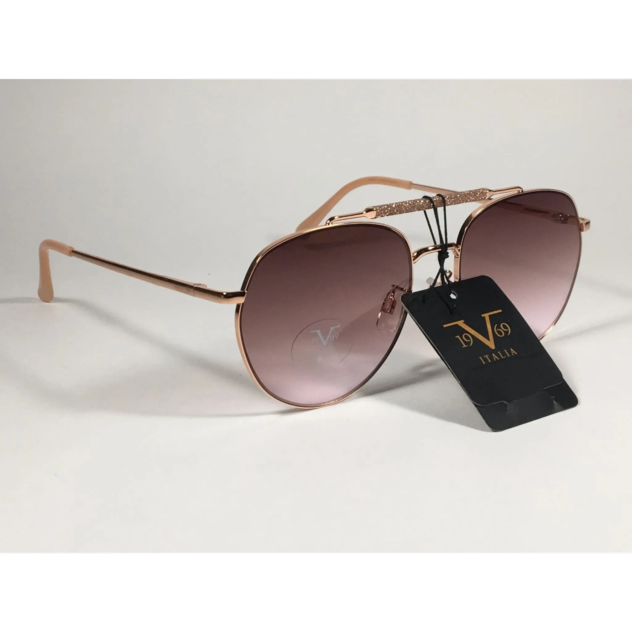 Versace 19V69 Italia Contessa Hexagonal Aviator Pilot Glitter Brow Bar Sunglasses Rose Gold Frame Brown Pink Gradient Lens