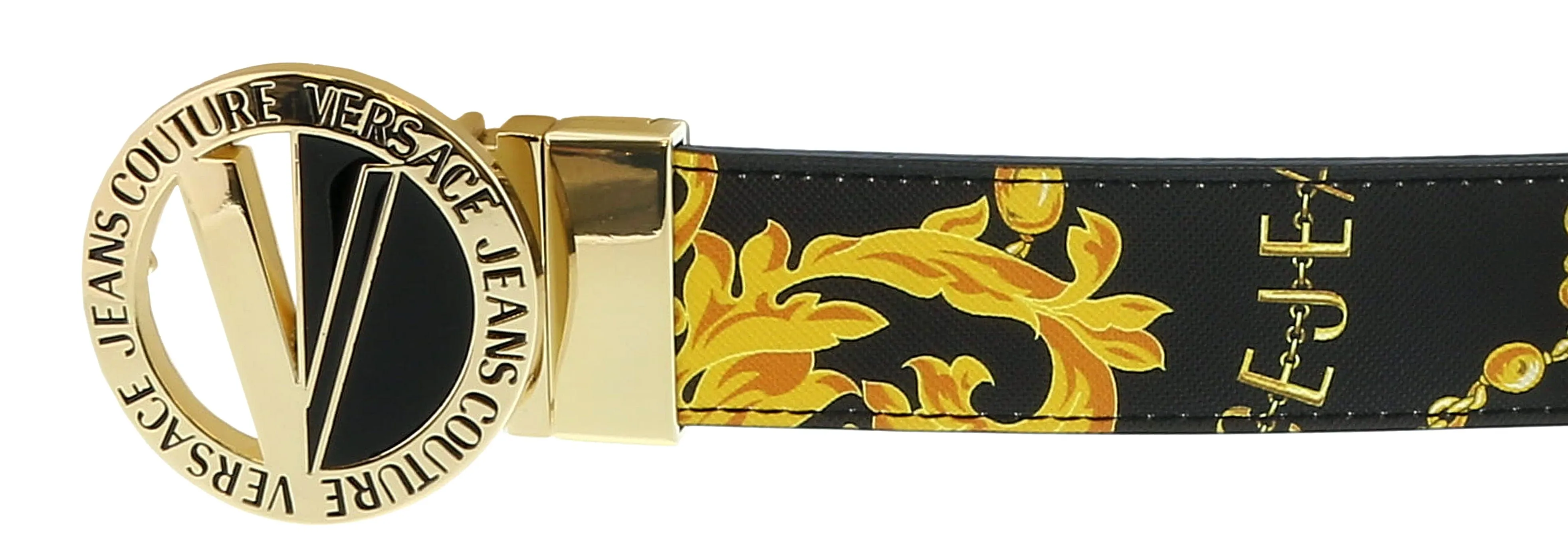 Versace Jeans Couture Black/Gold V-Emblem Cut Out  Buckle Chain Print  Belt-