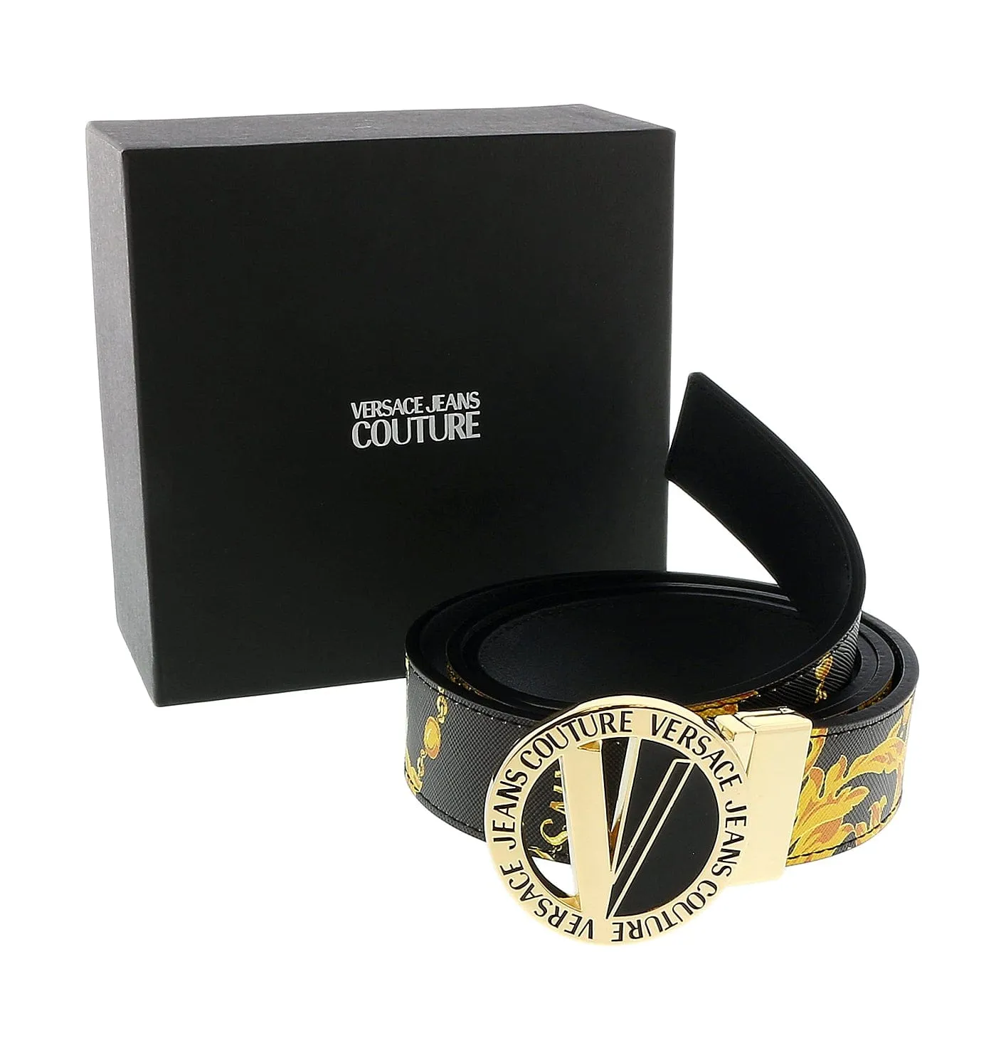 Versace Jeans Couture Black/Gold V-Emblem Cut Out  Buckle Chain Print  Belt-
