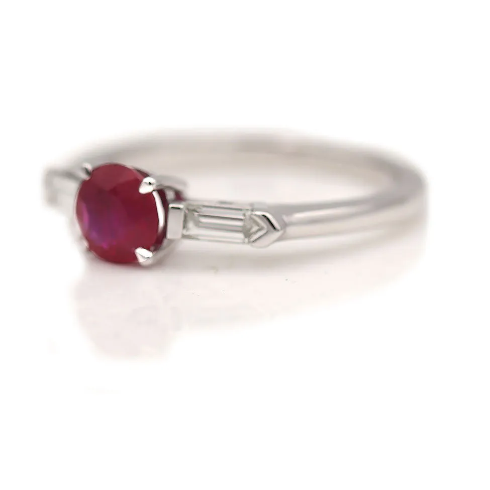 Vintage 1.07 CTW Burma Ruby and Bullet Cut Diamond Three Stone Engagement Ring .