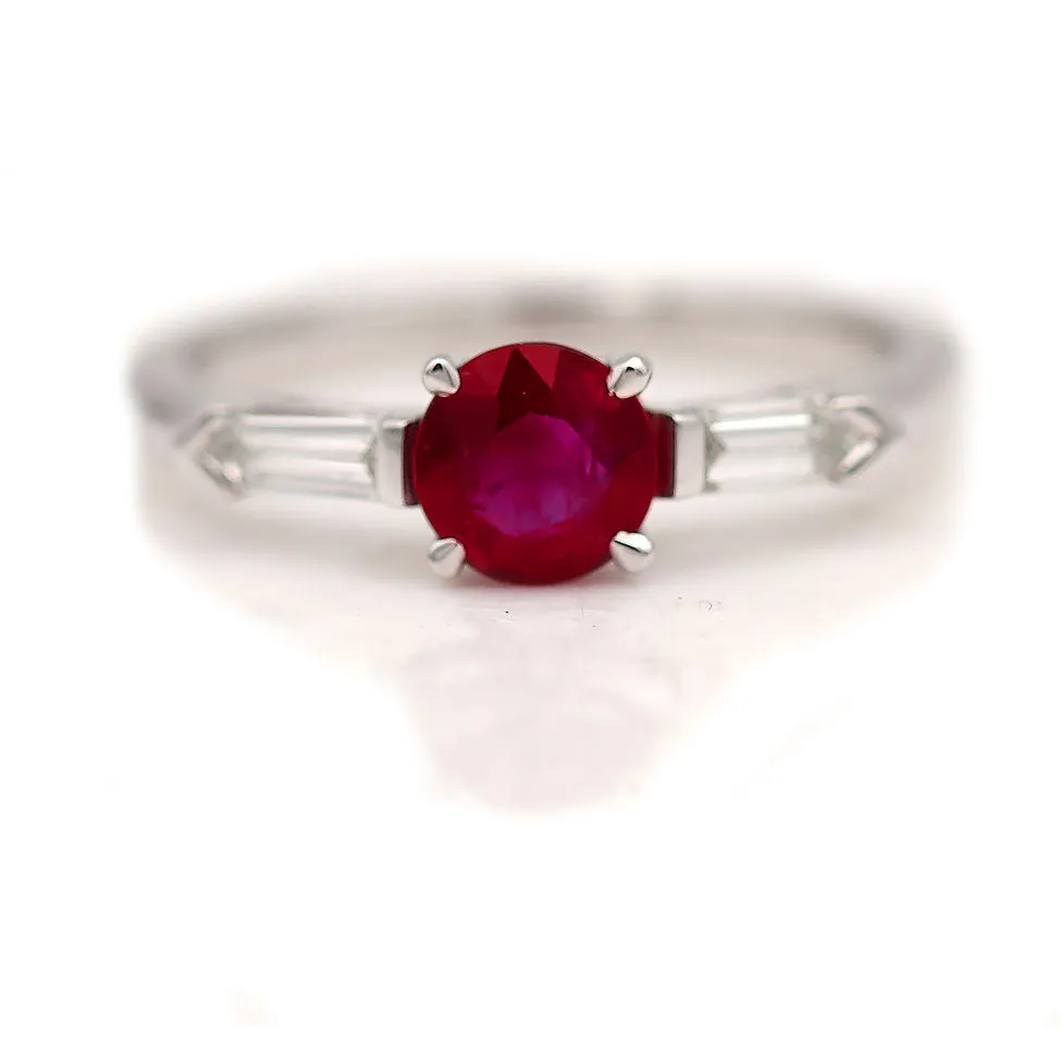 Vintage 1.07 CTW Burma Ruby and Bullet Cut Diamond Three Stone Engagement Ring .