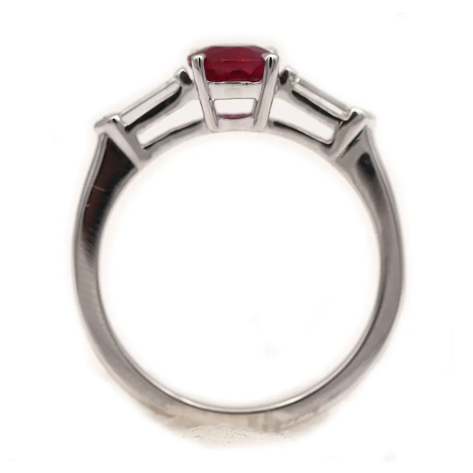 Vintage 1.07 CTW Burma Ruby and Bullet Cut Diamond Three Stone Engagement Ring .