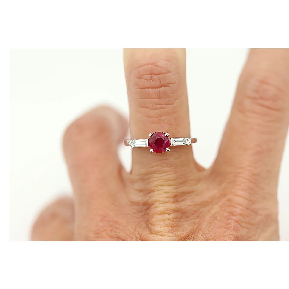 Vintage 1.07 CTW Burma Ruby and Bullet Cut Diamond Three Stone Engagement Ring .