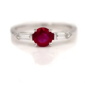 Vintage 1.07 CTW Burma Ruby and Bullet Cut Diamond Three Stone Engagement Ring .