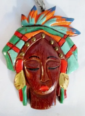 Vintage 25" CARVED WOMAN Painted WOOD Kitsch Charm Hippie Necklace Pendant