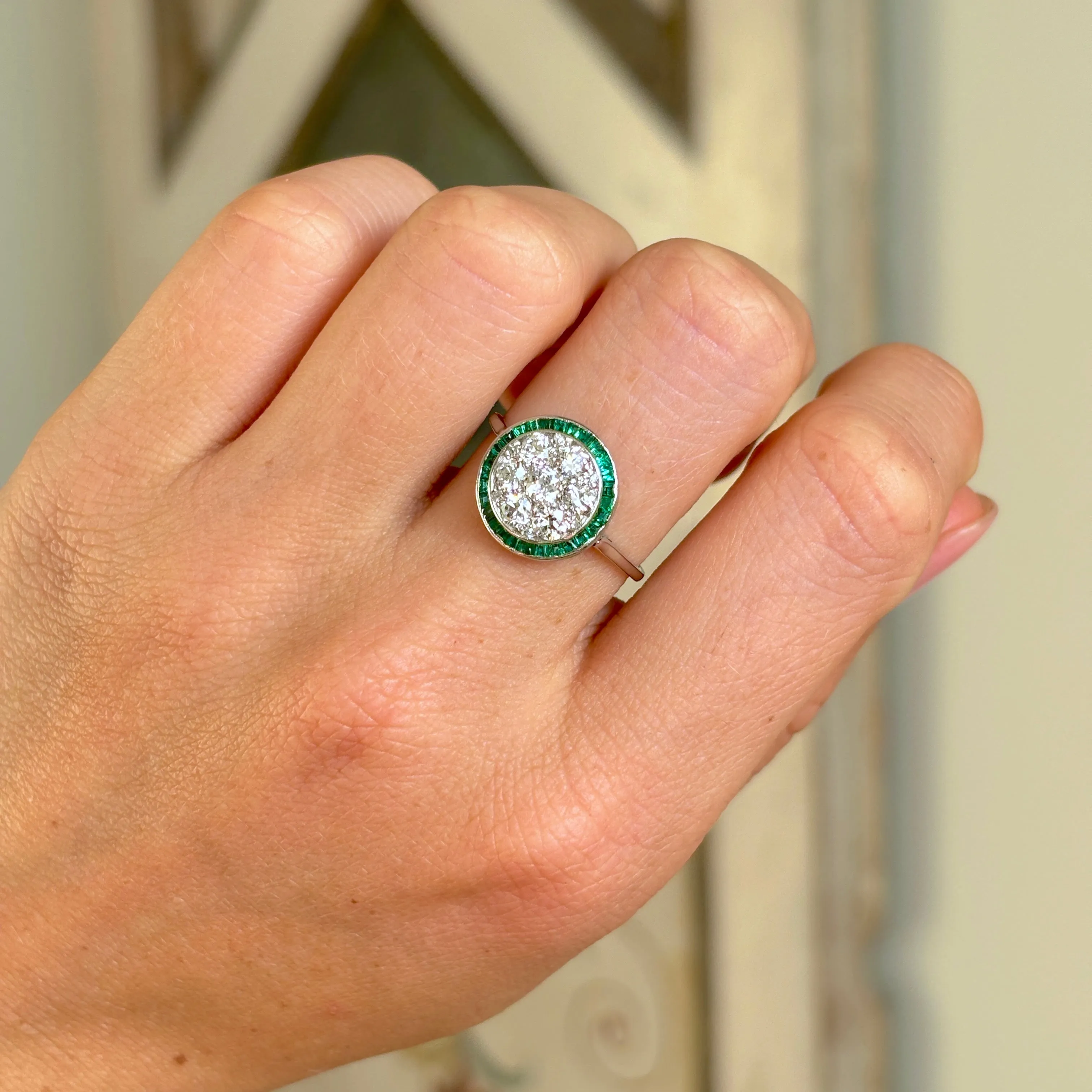 Vintage, Art Deco emerald & diamond target cluster ring