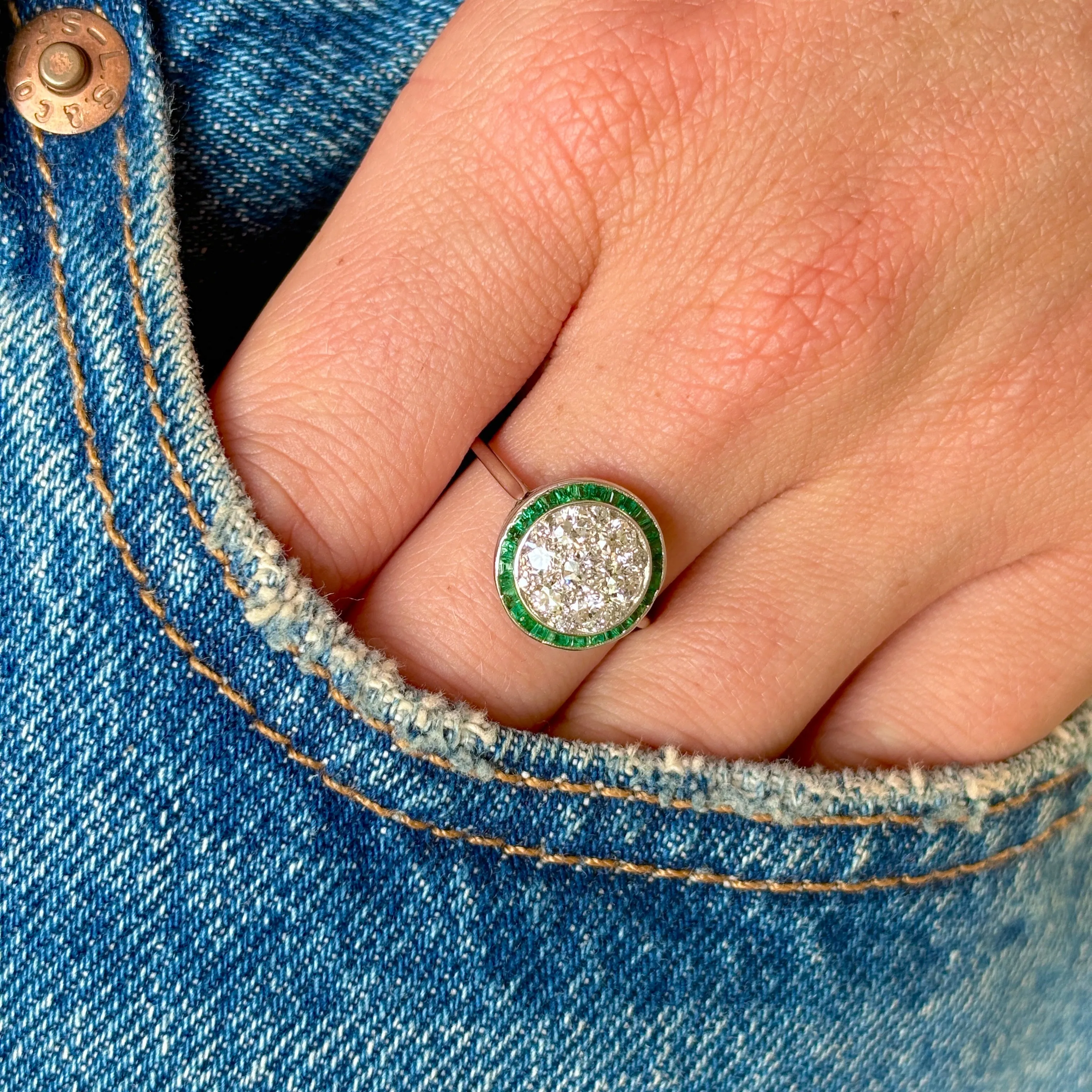 Vintage, Art Deco emerald & diamond target cluster ring