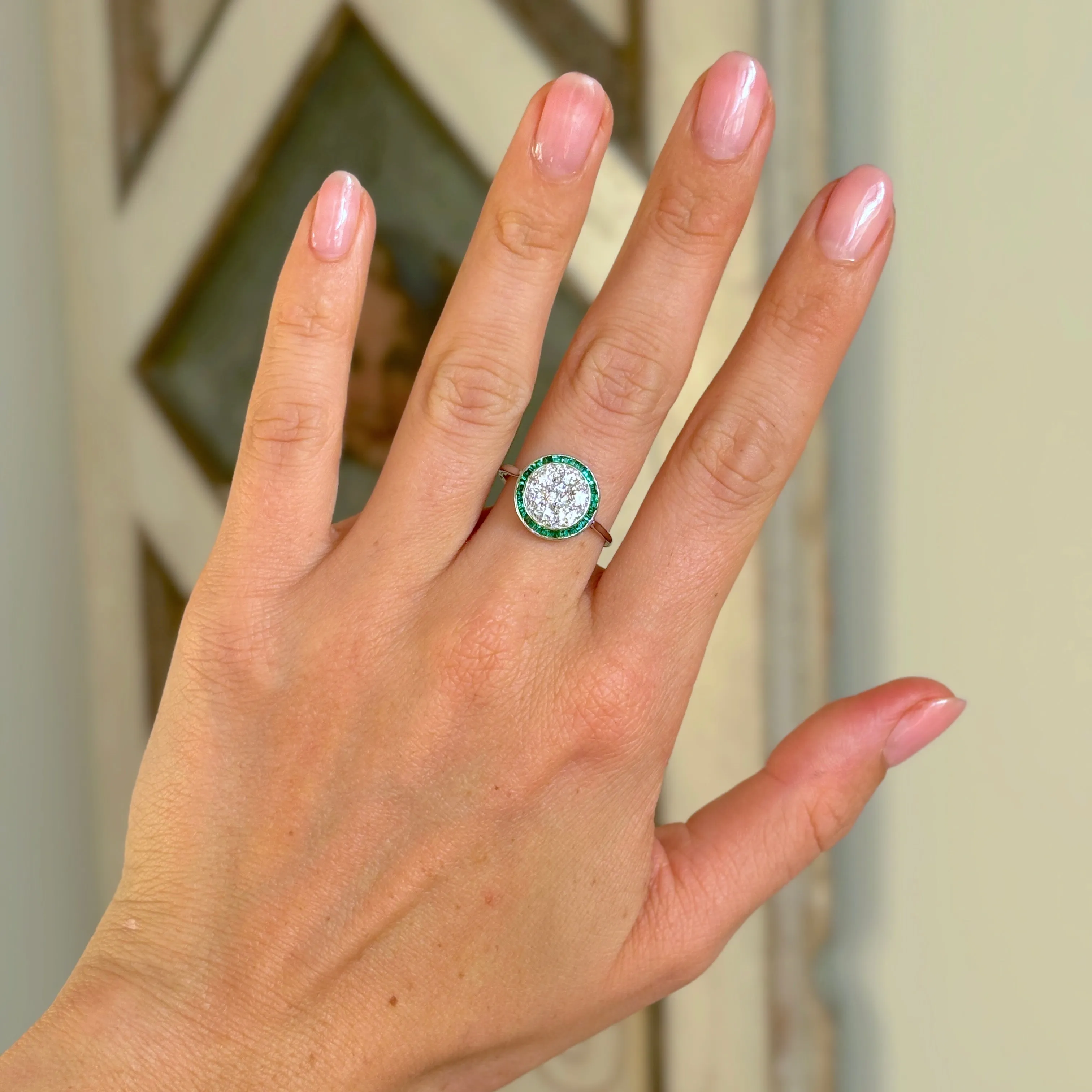 Vintage, Art Deco emerald & diamond target cluster ring