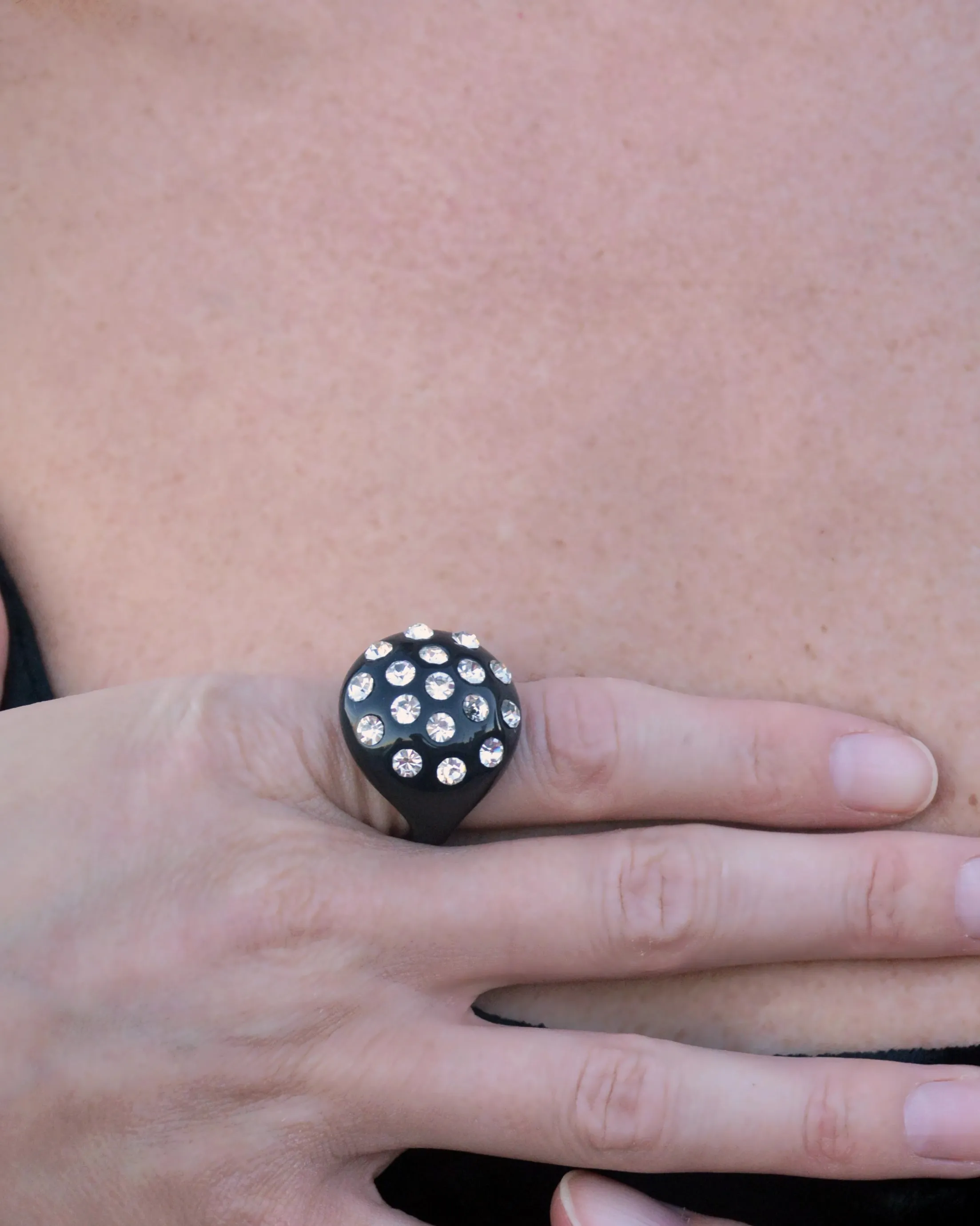 Vintage Black Enamel Crystal-Set Cocktail Ring