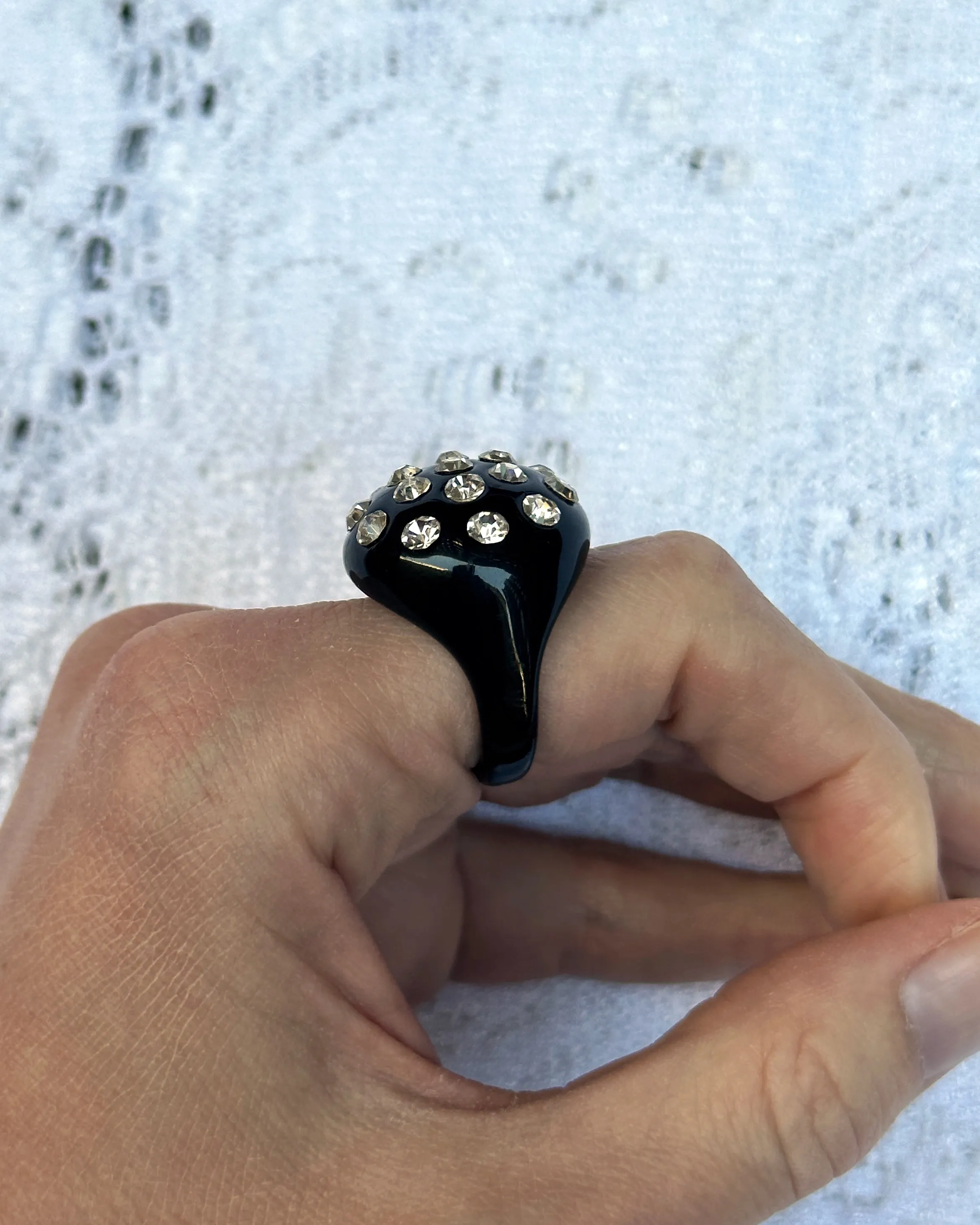 Vintage Black Enamel Crystal-Set Cocktail Ring
