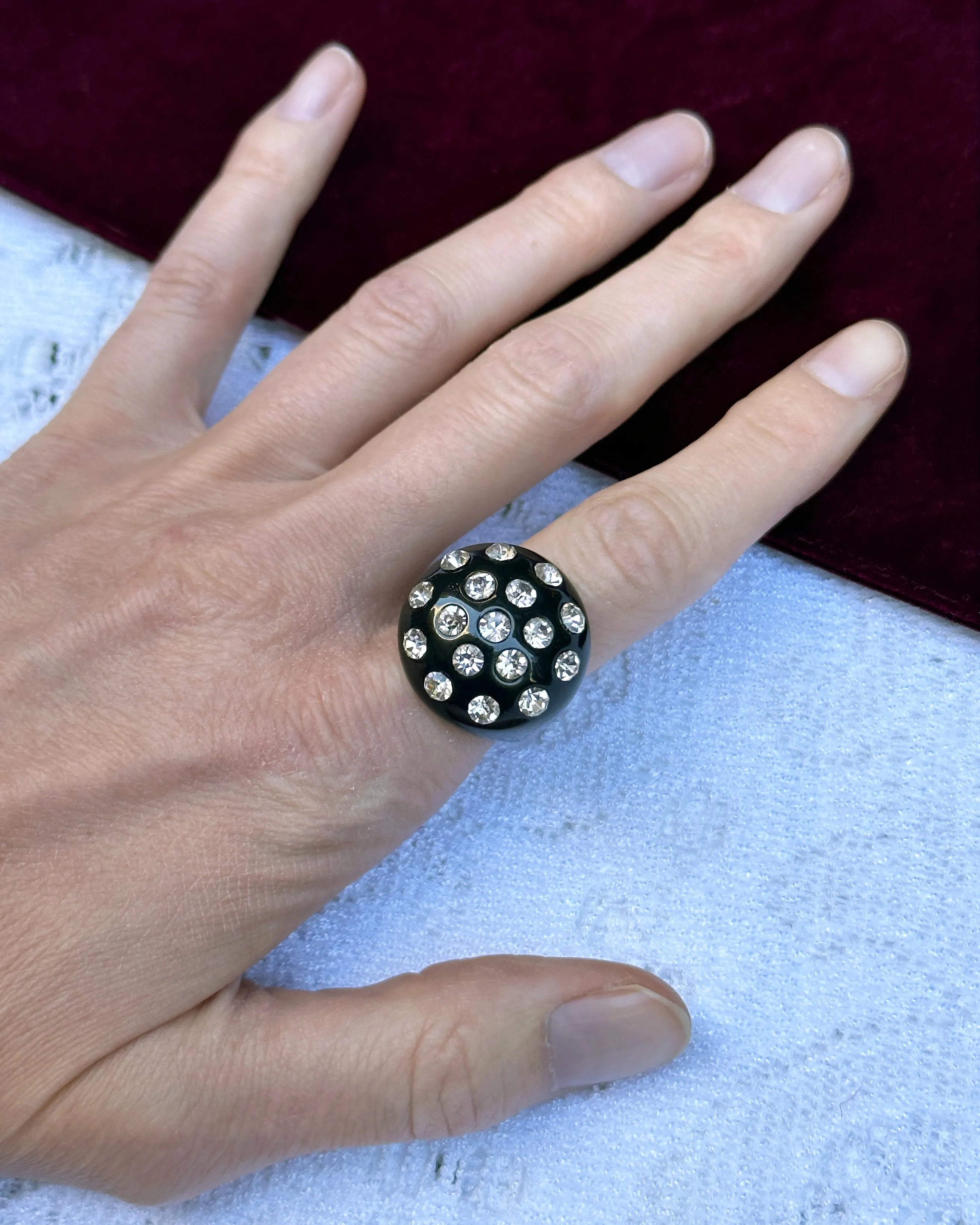 Vintage Black Enamel Crystal-Set Cocktail Ring