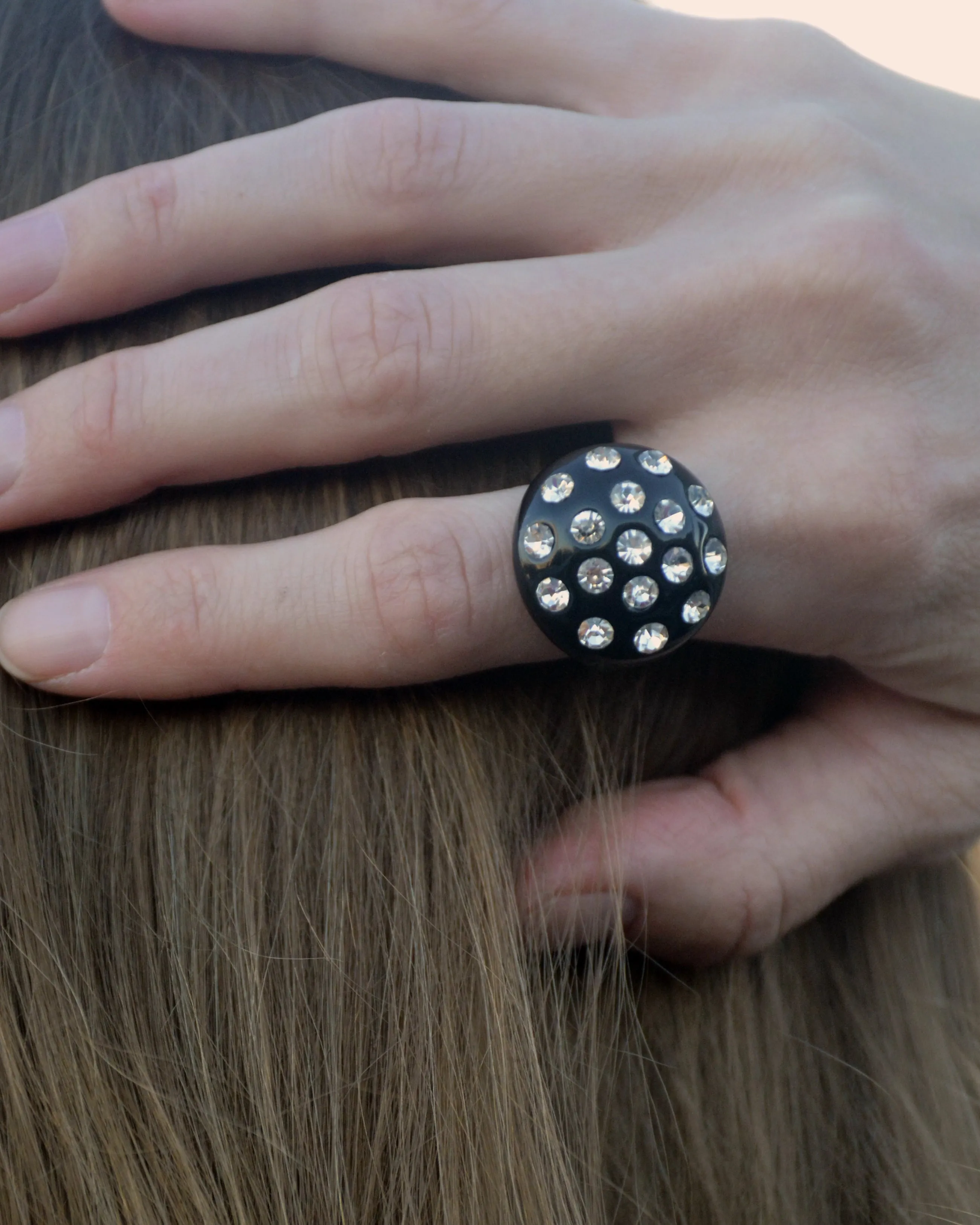 Vintage Black Enamel Crystal-Set Cocktail Ring