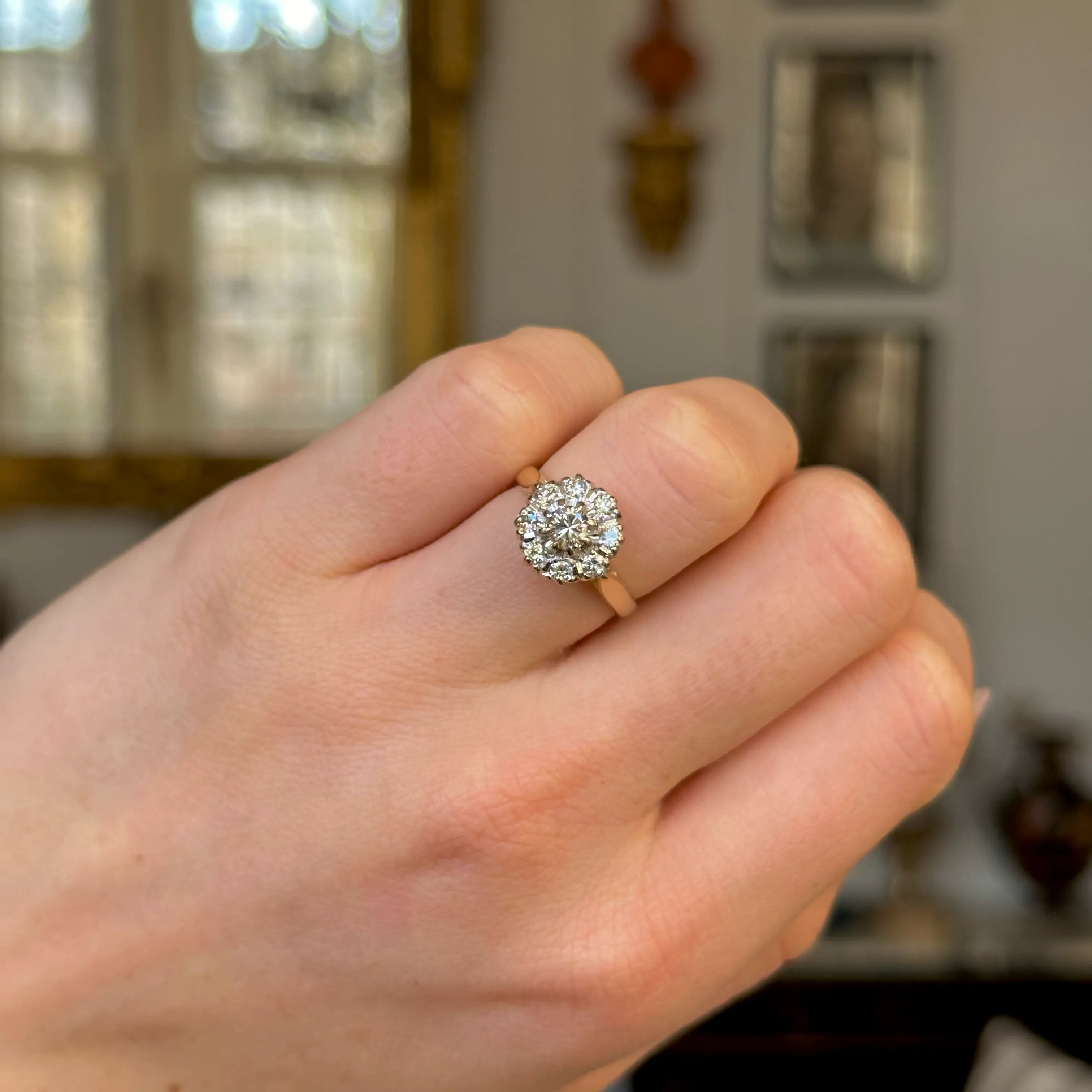 Vintage, diamond cluster engagement ring, 18ct yellow gold