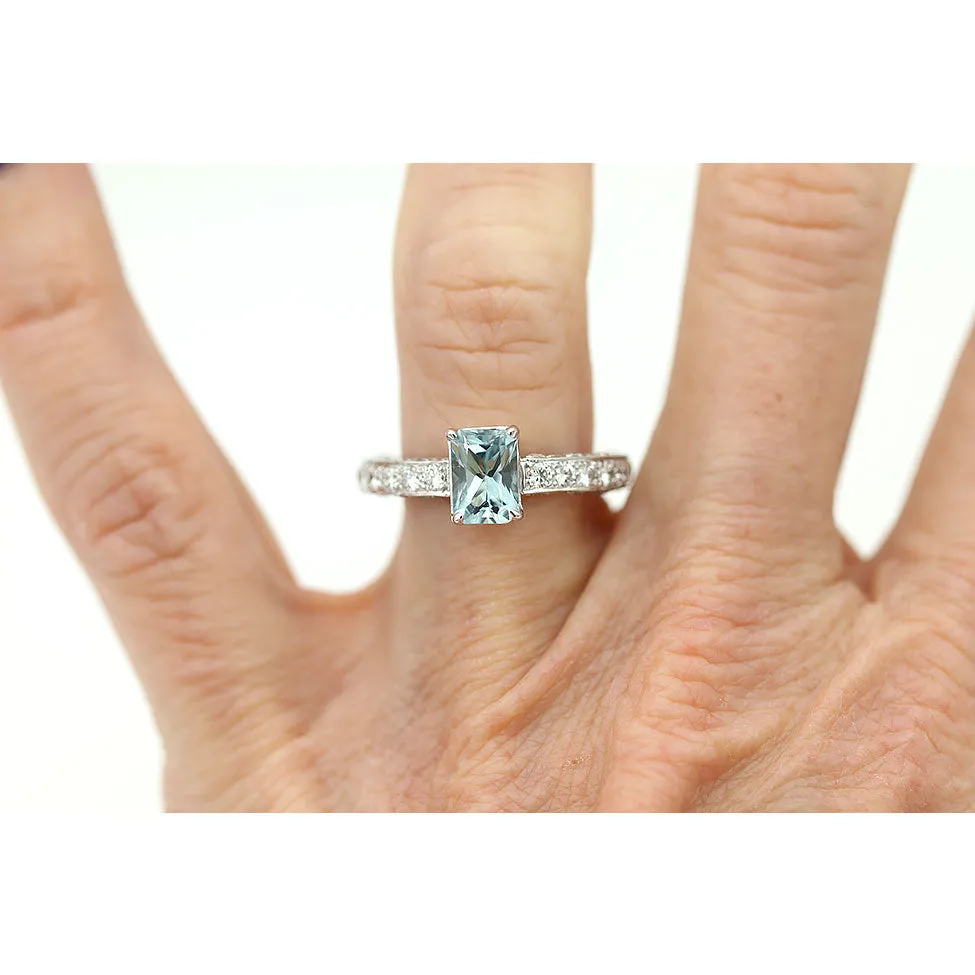 Vintage Emerald Cut Aquamarine and Diamond Engagement Ring .90 Ct