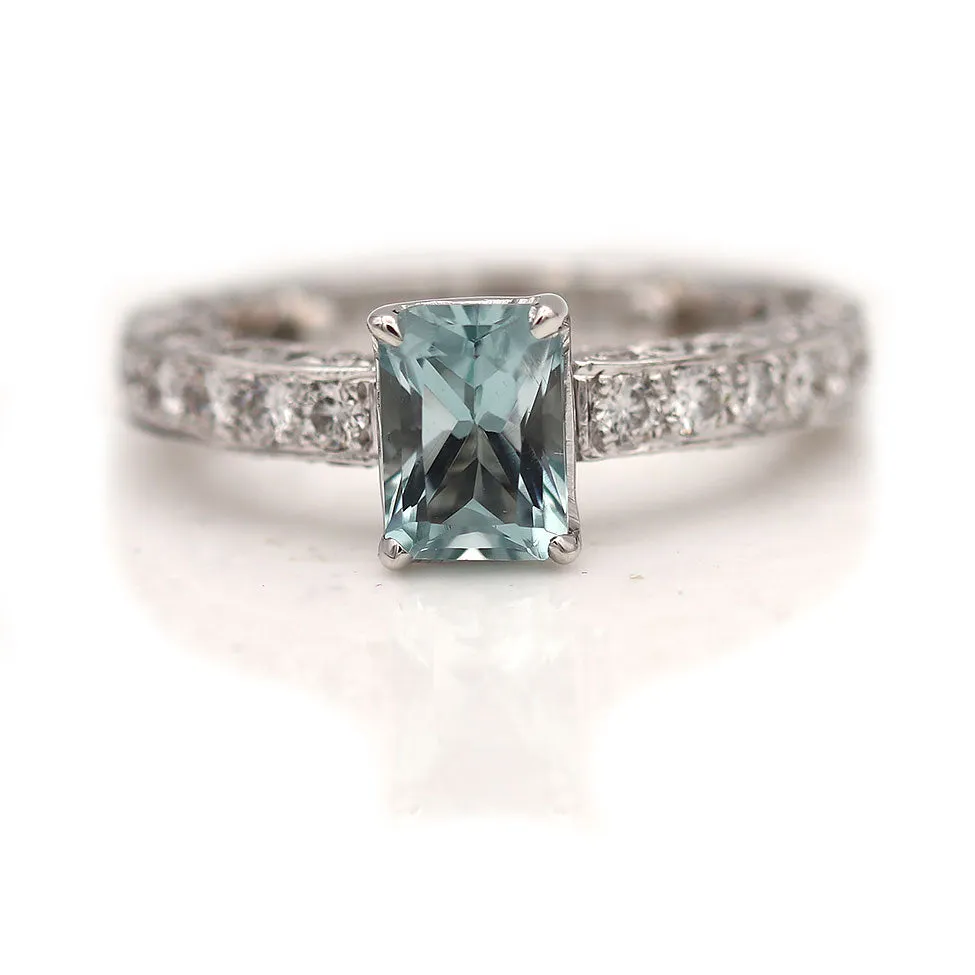 Vintage Emerald Cut Aquamarine and Diamond Engagement Ring .90 Ct