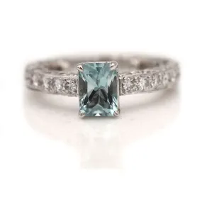Vintage Emerald Cut Aquamarine and Diamond Engagement Ring .90 Ct