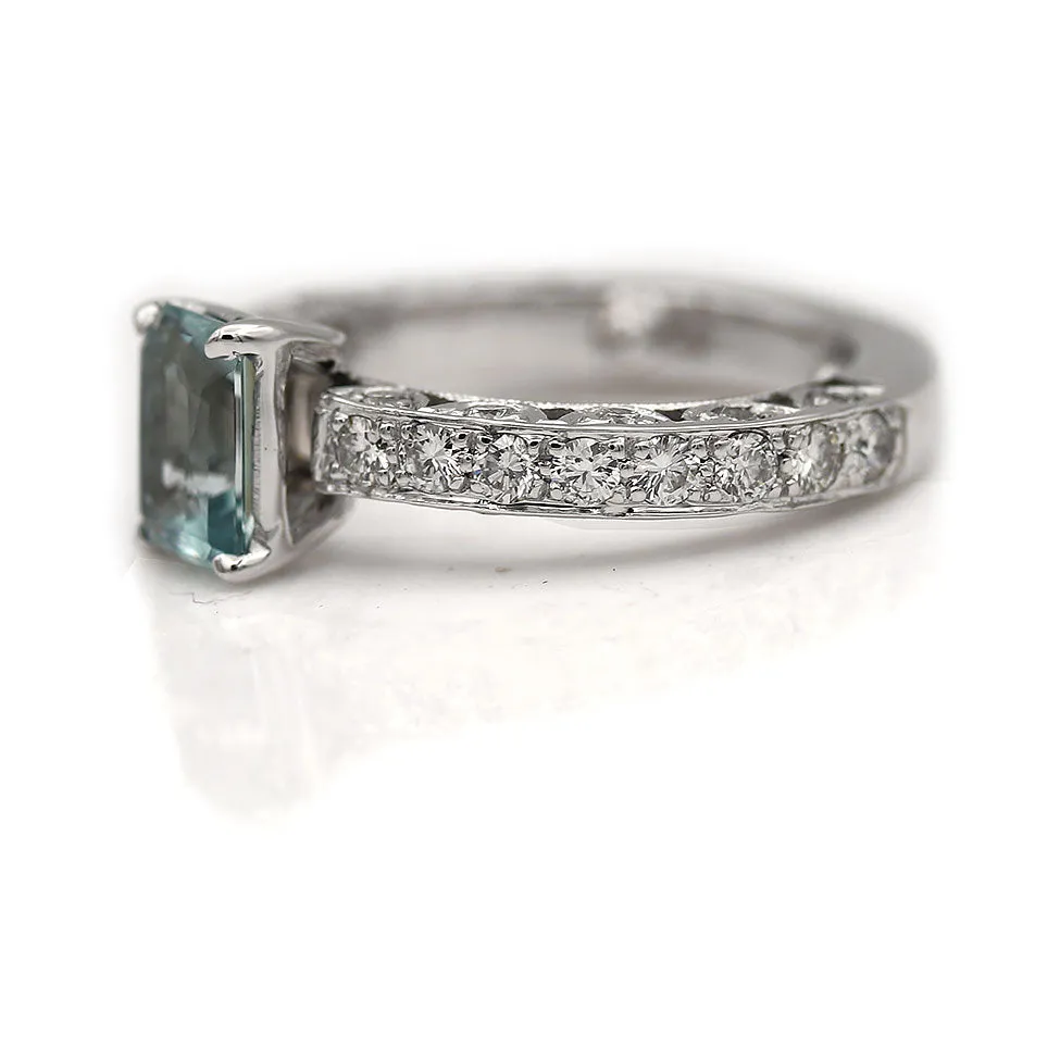 Vintage Emerald Cut Aquamarine and Diamond Engagement Ring .90 Ct