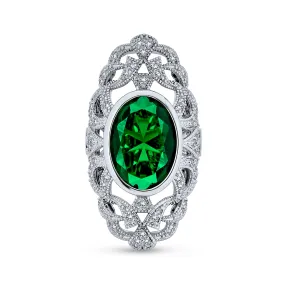Vintage Filigree Emerald CZ Cocktail Statement Ring Silver Plated Brass Jewelry
