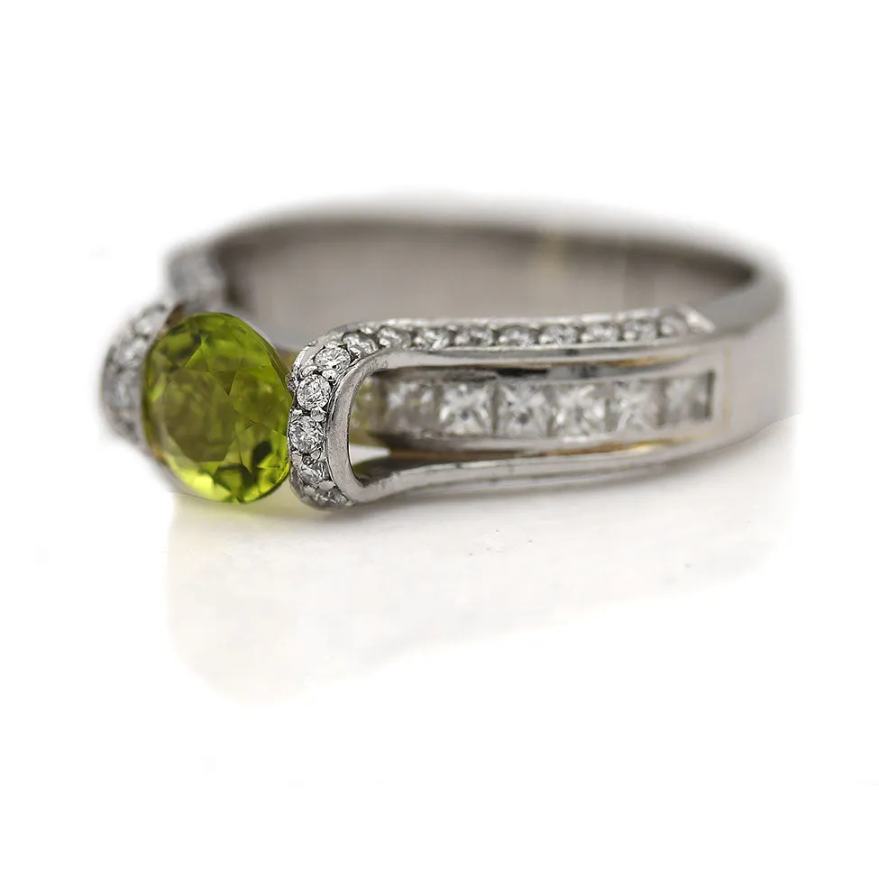 Vintage Peridot and Invisible Set Princess Cut Diamond Tension Engagement Ring