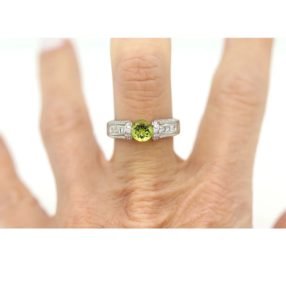 Vintage Peridot and Invisible Set Princess Cut Diamond Tension Engagement Ring