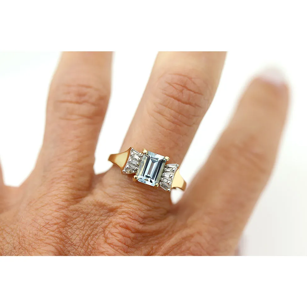 Vintage Rectangular Cut Aquamarine Ring with Baguette Diamonds