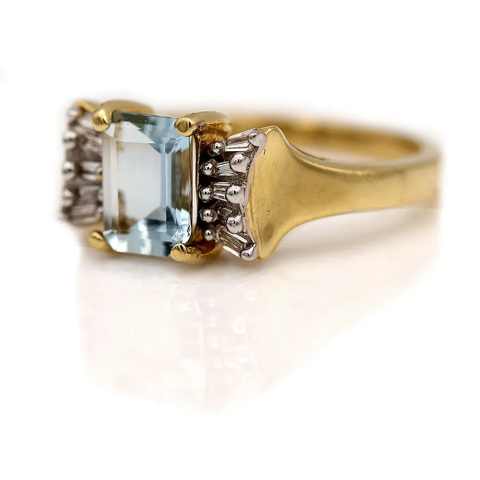 Vintage Rectangular Cut Aquamarine Ring with Baguette Diamonds