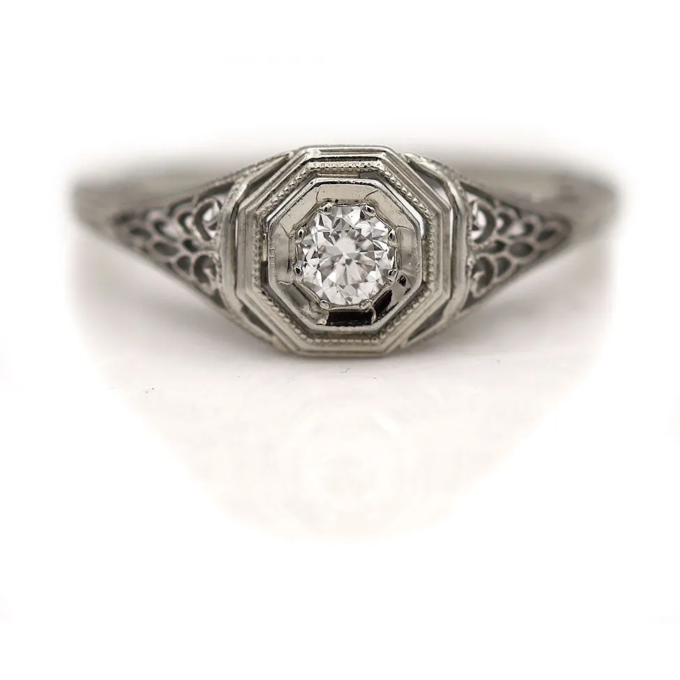 Vintage Two Tiered Geometric Octagonal Old Mine Cut Diamond Engagement Ring .25 Ct