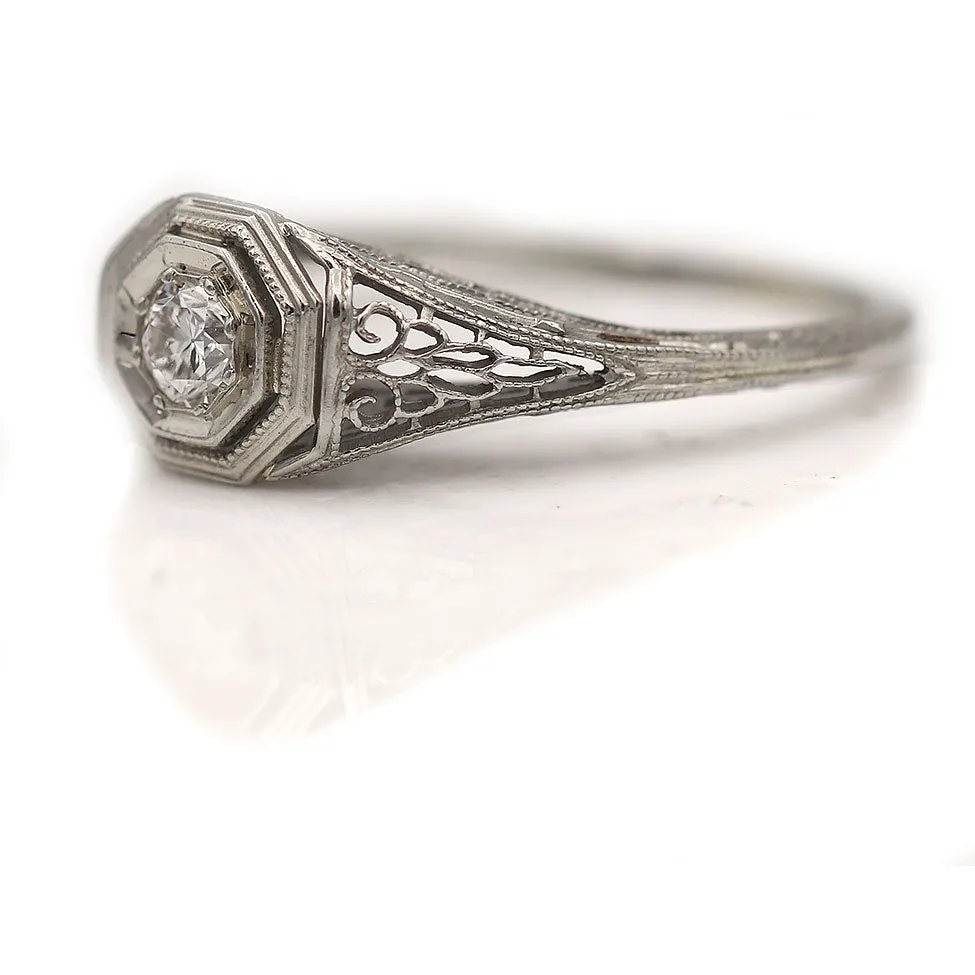 Vintage Two Tiered Geometric Octagonal Old Mine Cut Diamond Engagement Ring .25 Ct
