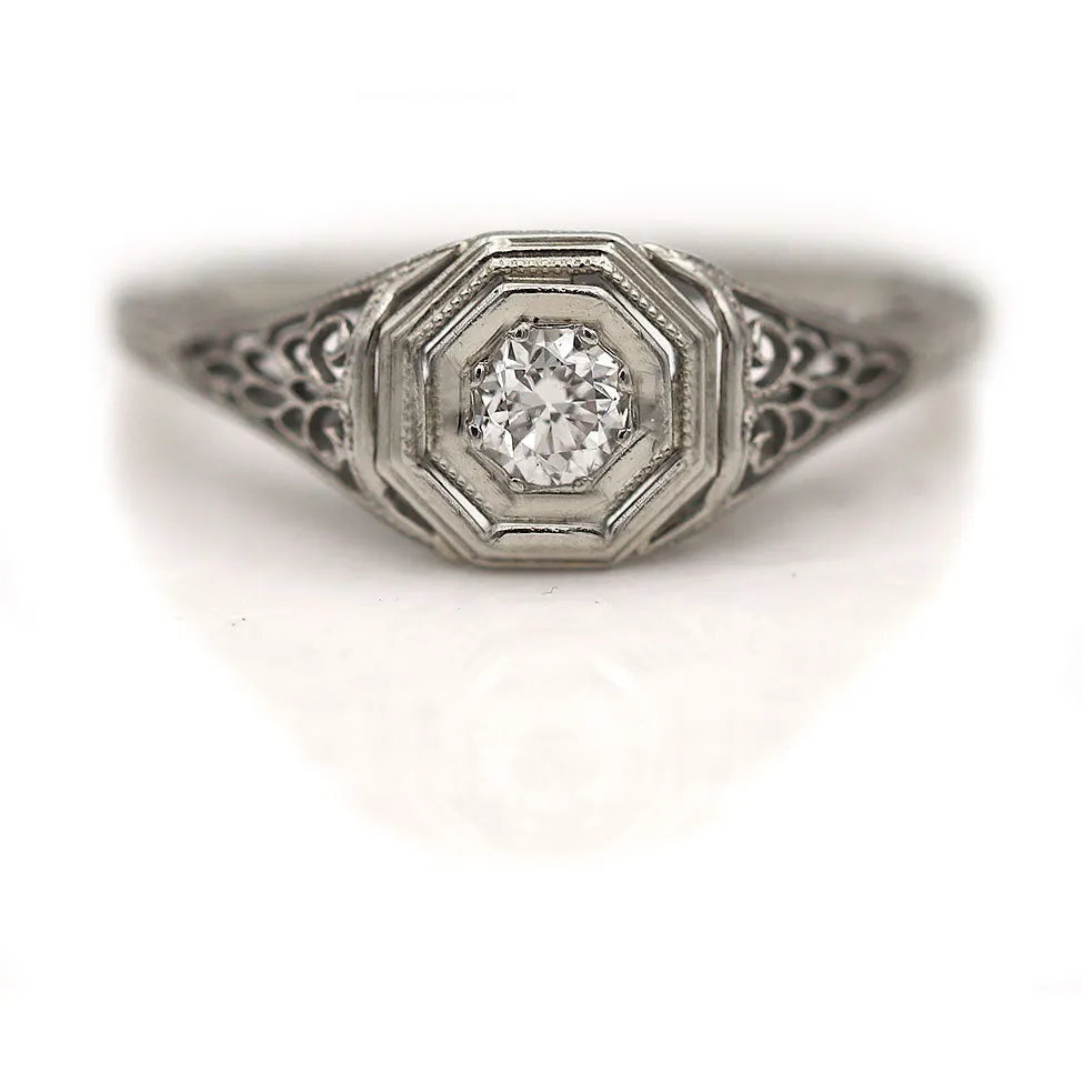 Vintage Two Tiered Geometric Octagonal Old Mine Cut Diamond Engagement Ring .25 Ct