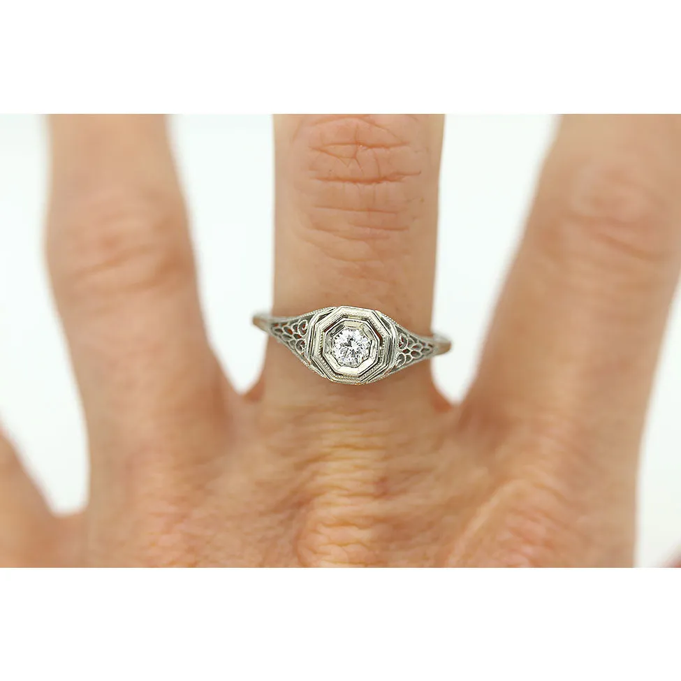 Vintage Two Tiered Geometric Octagonal Old Mine Cut Diamond Engagement Ring .25 Ct