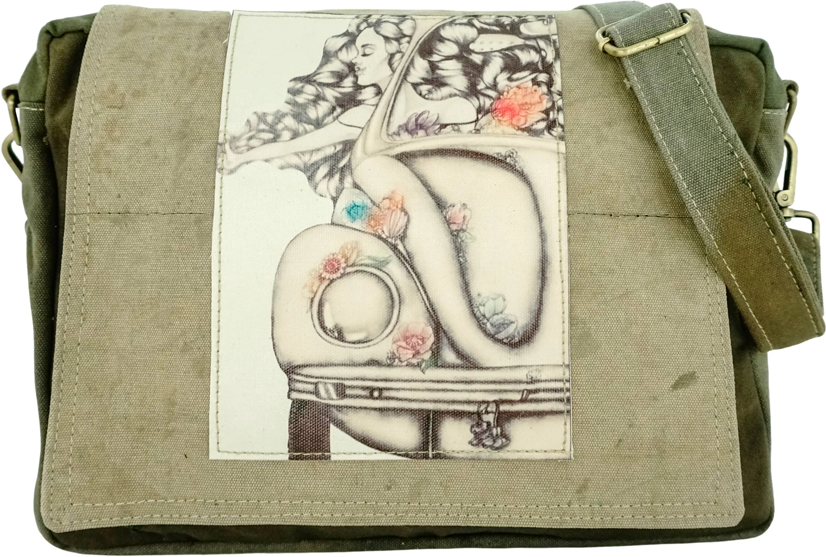 VW Beetle Girl Recycled Military Tent Crossbody bag