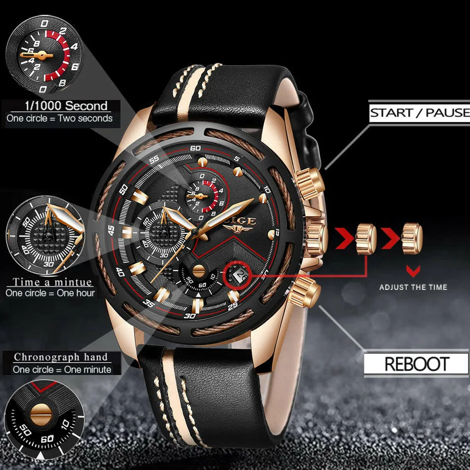 Watch Men Sport Quartz Clock Leather Mens Watches Top Brand Luxury Gold Waterproof Business Watch