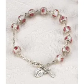 White Crystal Rosary Bracelet with Pink Rose Painted Beads