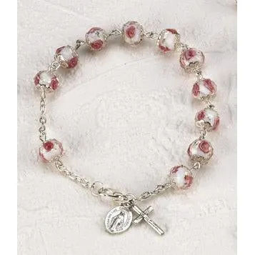 White Crystal Rosary Bracelet with Pink Rose Painted Beads