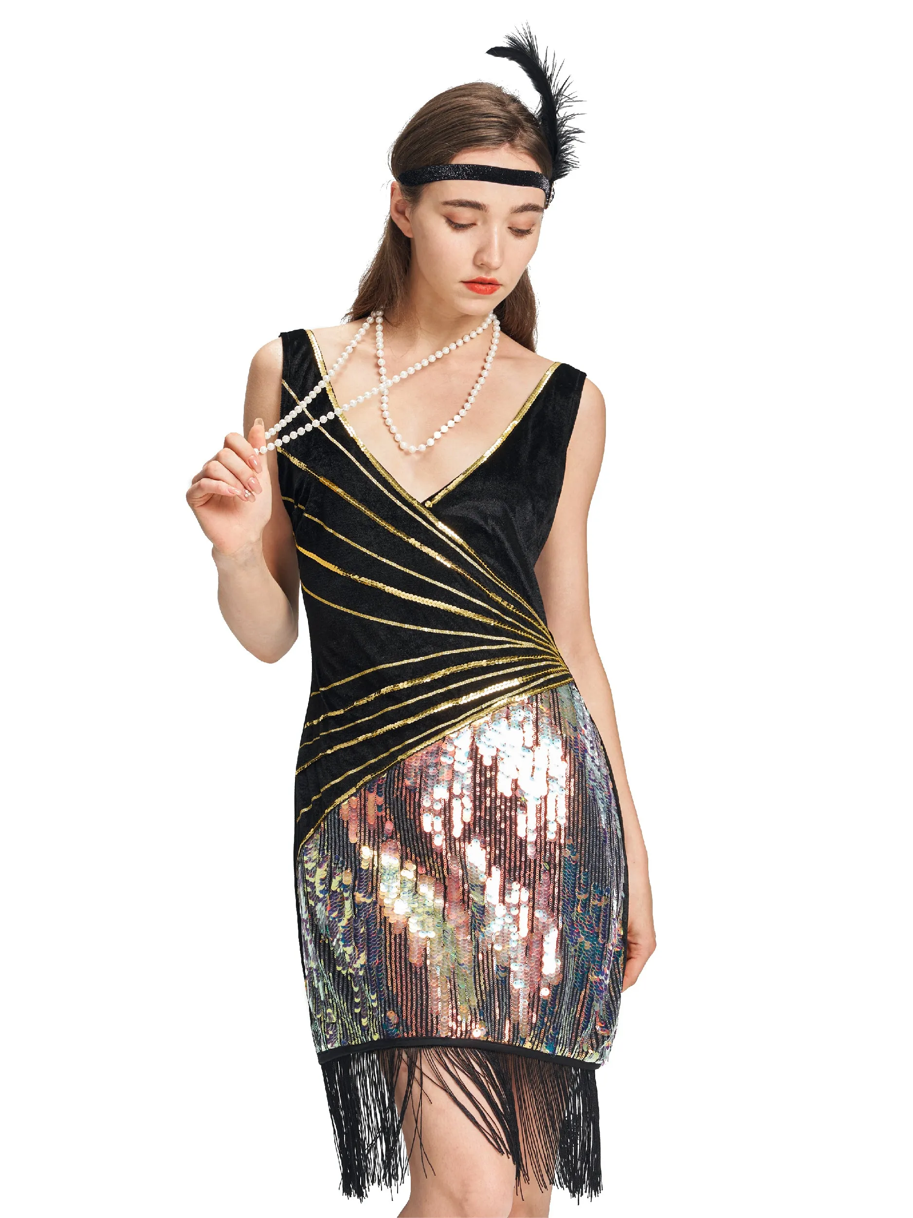Women 1920s Flapper Dress Necklace Headband Set Halloween Costume