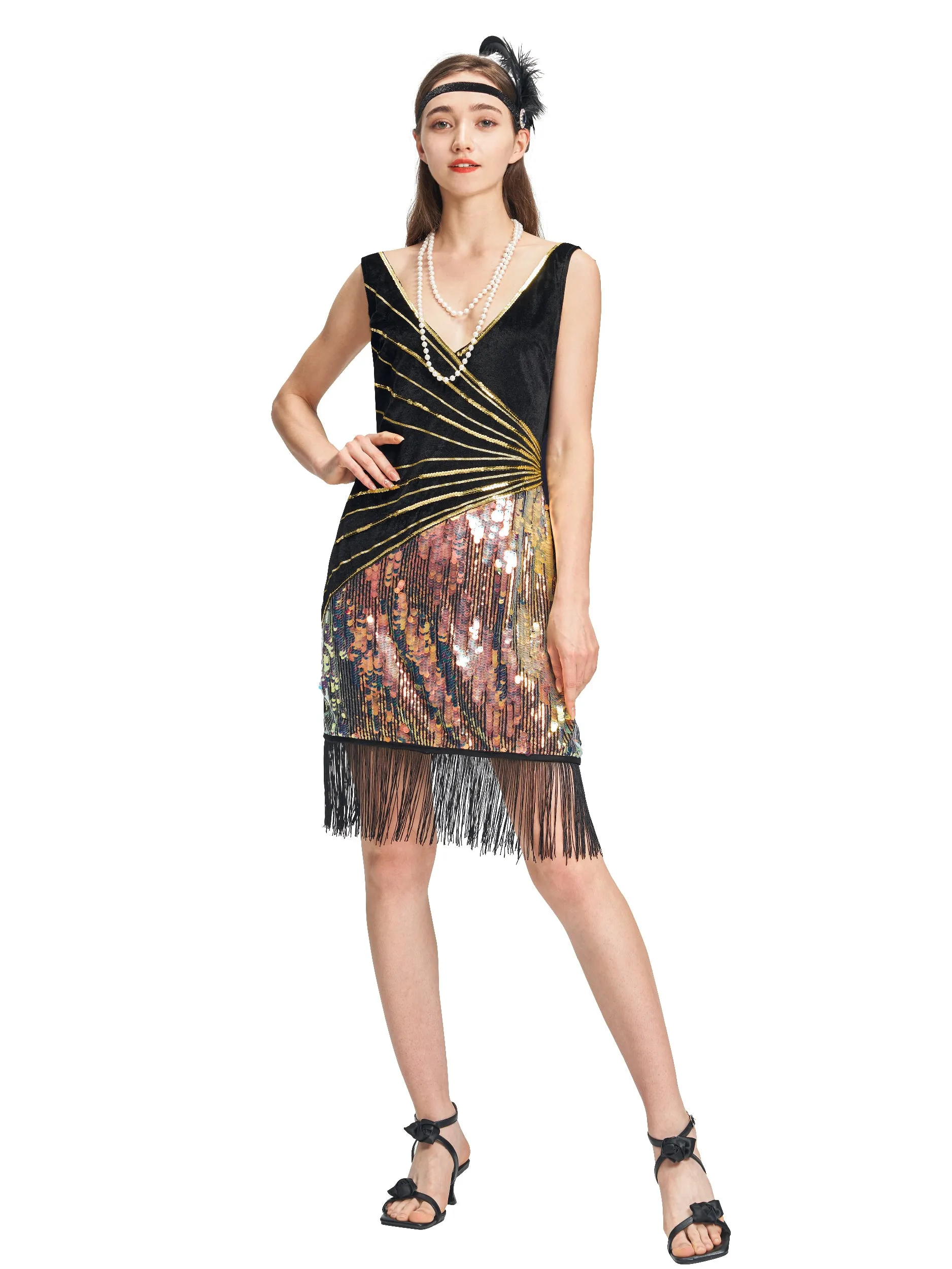 Women 1920s Flapper Dress Necklace Headband Set Halloween Costume