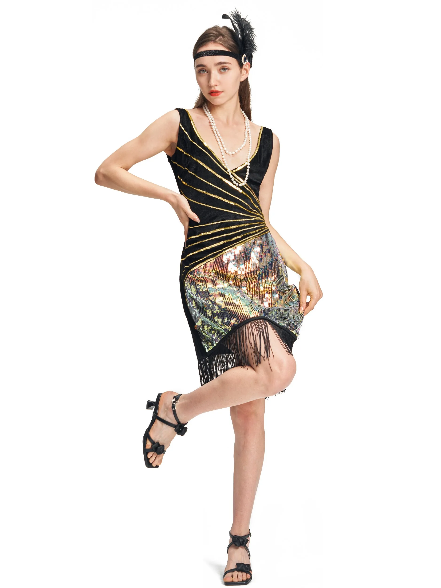 Women 1920s Flapper Dress Necklace Headband Set Halloween Costume