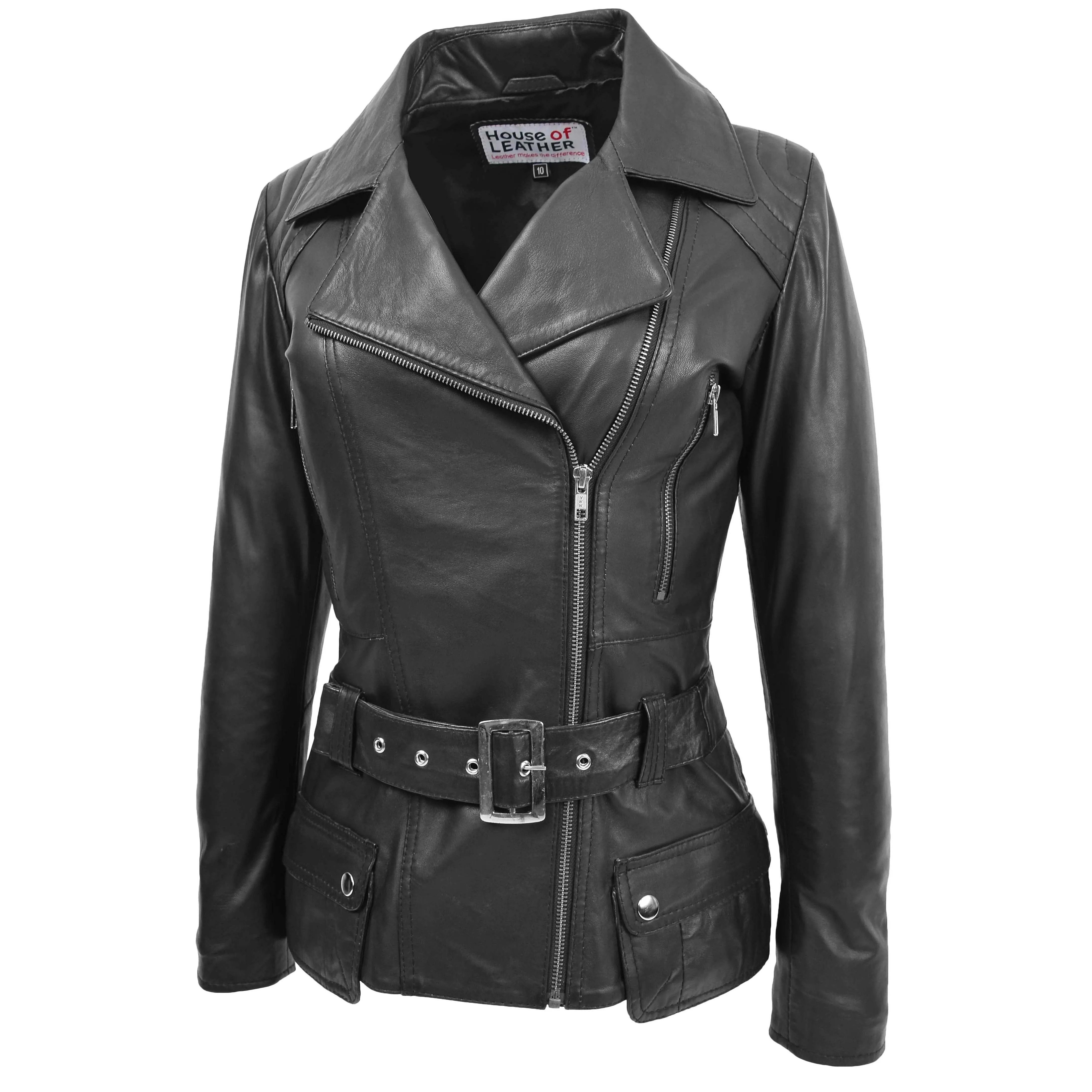 Womens Leather Hip Length Biker Jacket Celia Black