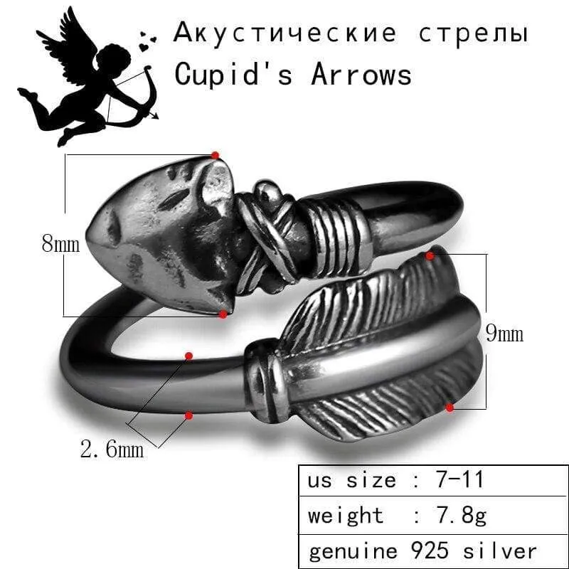 ZABRA Love Cupid's Arrows Vintage Genuine 925 Silver Men Ring Punk Big Black Adjustable Biker Mens Rings Male Sterling Jewelry (Resizable)