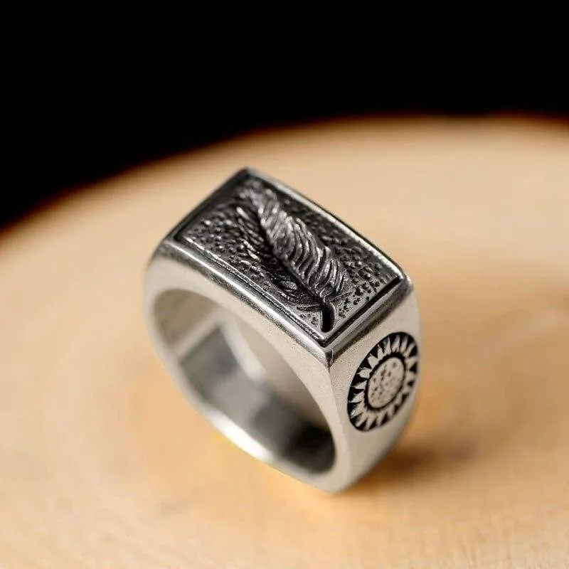 ZABRA Luxury Solid 925 Sterling Silver Men Ring Engraved Leaves Love Sword Sun Vintage Retro Steampunk Handmade Biker Jewelry
